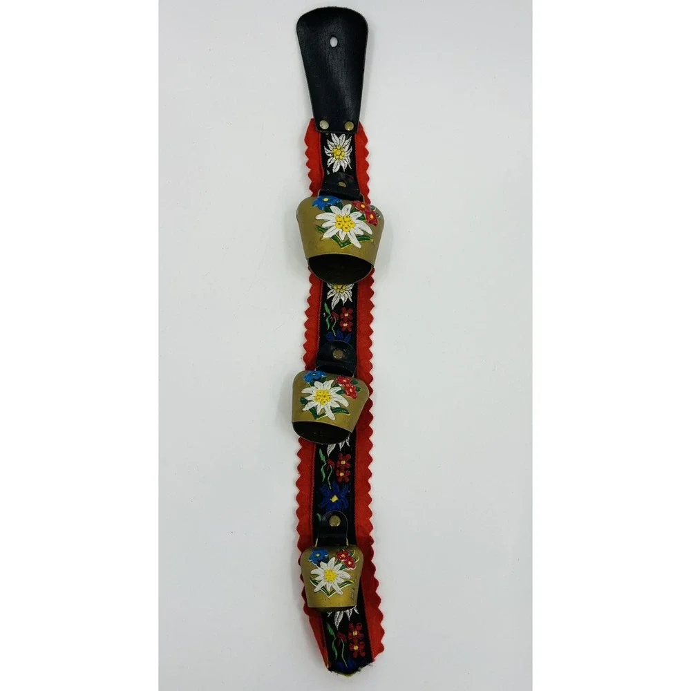 Vintage Swiss Souvenir Painted Cow Goat Bells on Embroidered Strap 16